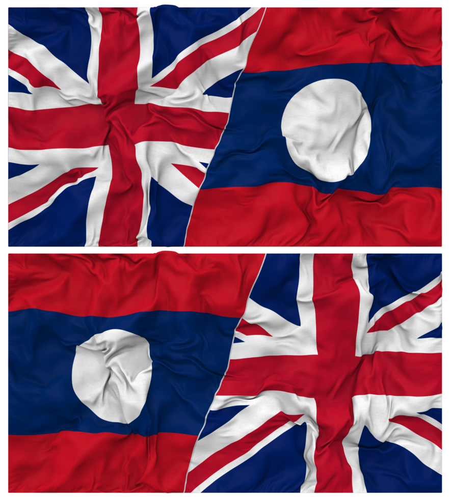 Laos and United Kingdom Half Combined Flags Background with Cloth Bump Texture, Bilateral Relations, Peace and Conflict, 3D Rendering png