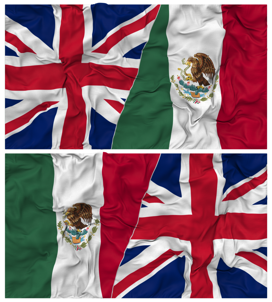 Mexico and United Kingdom Half Combined Flags Background with Cloth Bump Texture, Bilateral Relations, Peace and Conflict, 3D Rendering png
