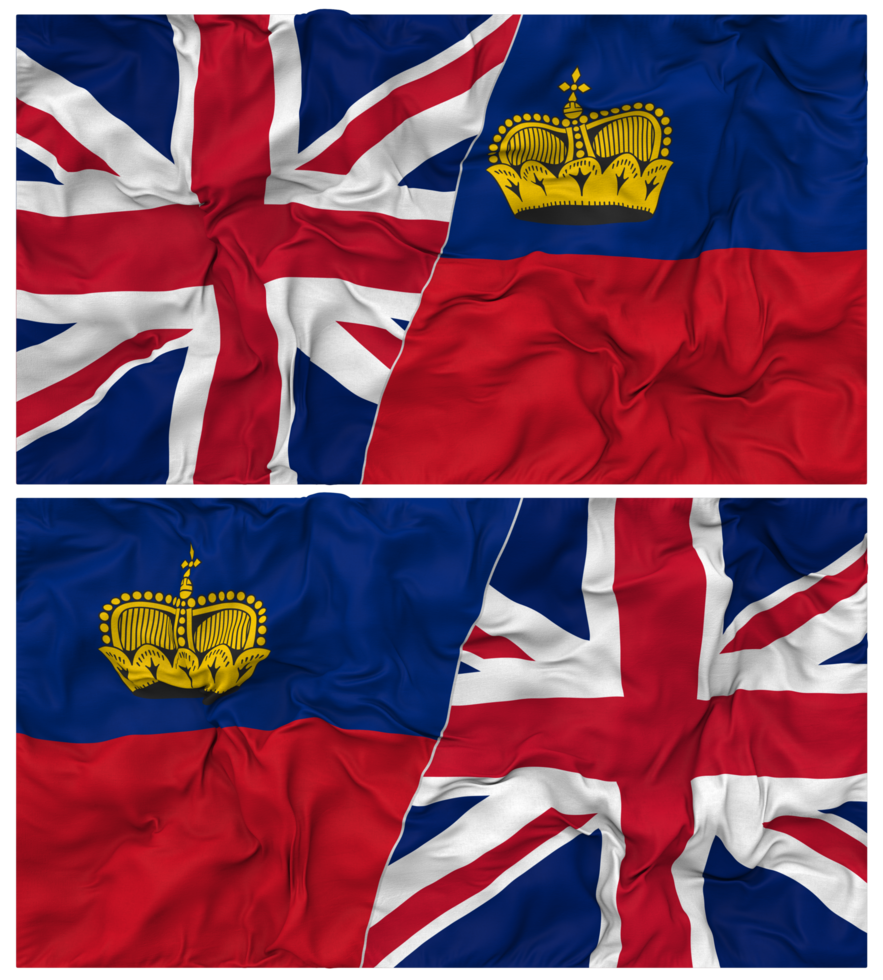 Liechtenstein and United Kingdom Half Combined Flags Background with Cloth Bump Texture, Bilateral Relations, Peace and Conflict, 3D Rendering png