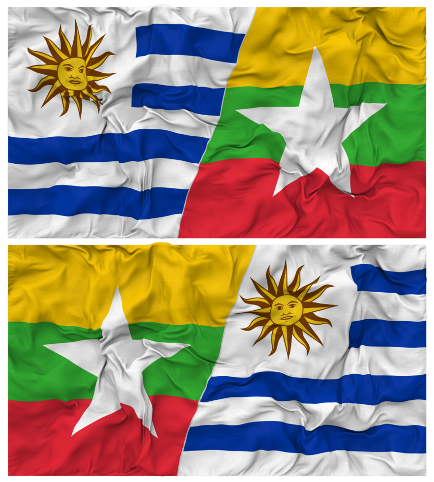 Myanmar, Burma and Uruguay Half Combined Flags Background with Cloth Bump Texture, Bilateral Relations, Peace and Conflict, 3D Rendering png