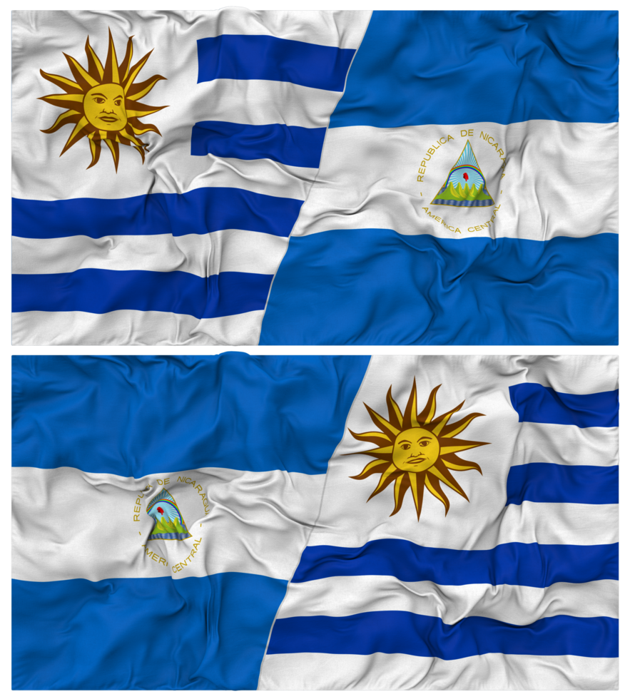 Nicaragua and Uruguay Half Combined Flags Background with Cloth Bump Texture, Bilateral Relations, Peace and Conflict, 3D Rendering png