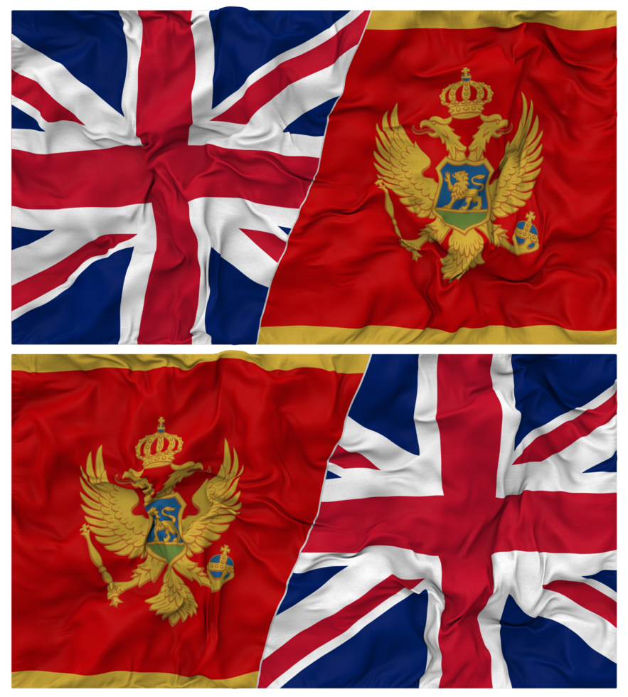 Montenegro and United Kingdom Half Combined Flags Background with Cloth Bump Texture, Bilateral Relations, Peace and Conflict, 3D Rendering png
