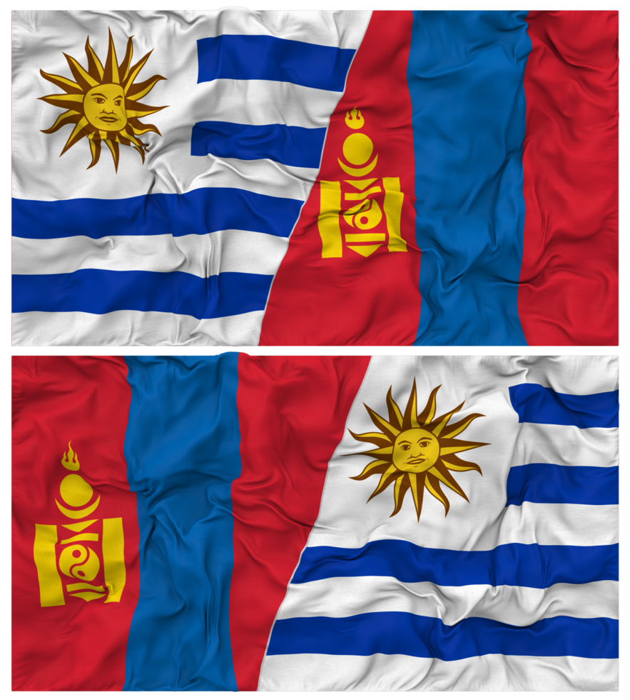 Mongolia and Uruguay Half Combined Flags Background with Cloth Bump Texture, Bilateral Relations, Peace and Conflict, 3D Rendering png