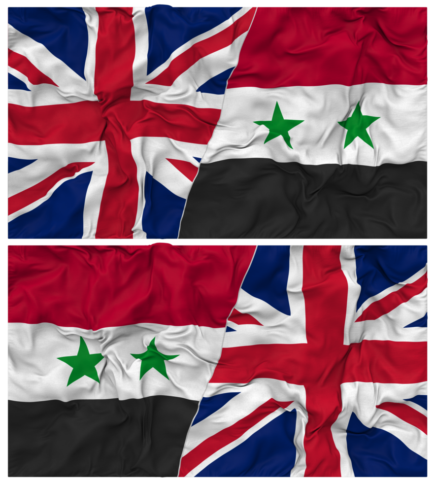 Syria and United Kingdom Half Combined Flags Background with Cloth Bump Texture, Bilateral Relations, Peace and Conflict, 3D Rendering png