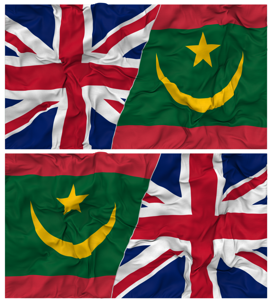 Mauritania and United Kingdom Half Combined Flags Background with Cloth Bump Texture, Bilateral Relations, Peace and Conflict, 3D Rendering png