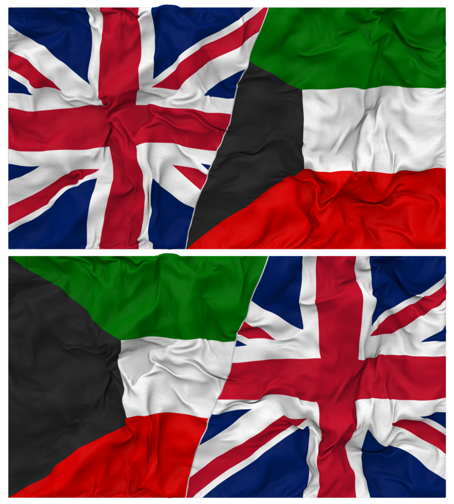 Kuwait and United Kingdom Half Combined Flags Background with Cloth Bump Texture, Bilateral Relations, Peace and Conflict, 3D Rendering png