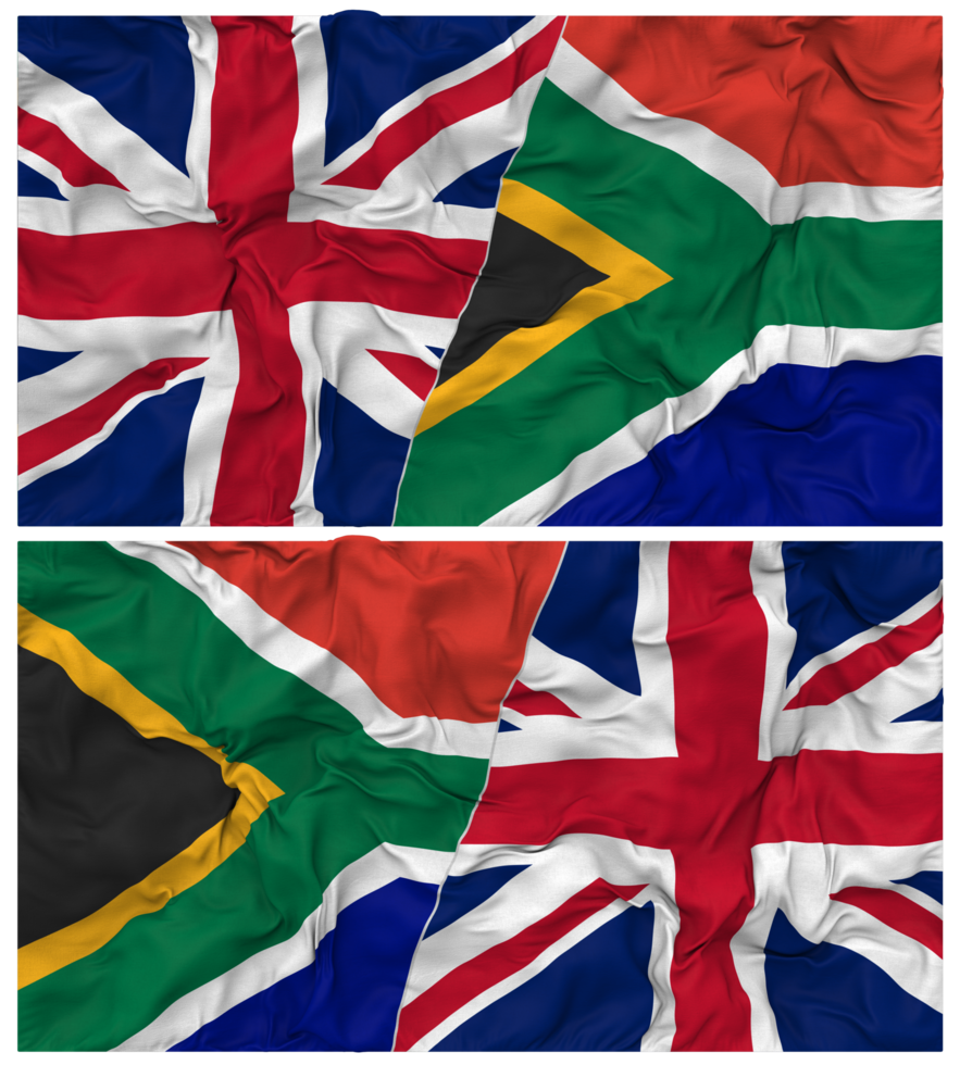 South Africa and United Kingdom Half Combined Flags Background with Cloth Bump Texture, Bilateral Relations, Peace and Conflict, 3D Rendering png