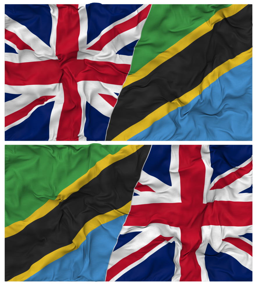 Tanzania and United Kingdom Half Combined Flags Background with Cloth Bump Texture, Bilateral Relations, Peace and Conflict, 3D Rendering png
