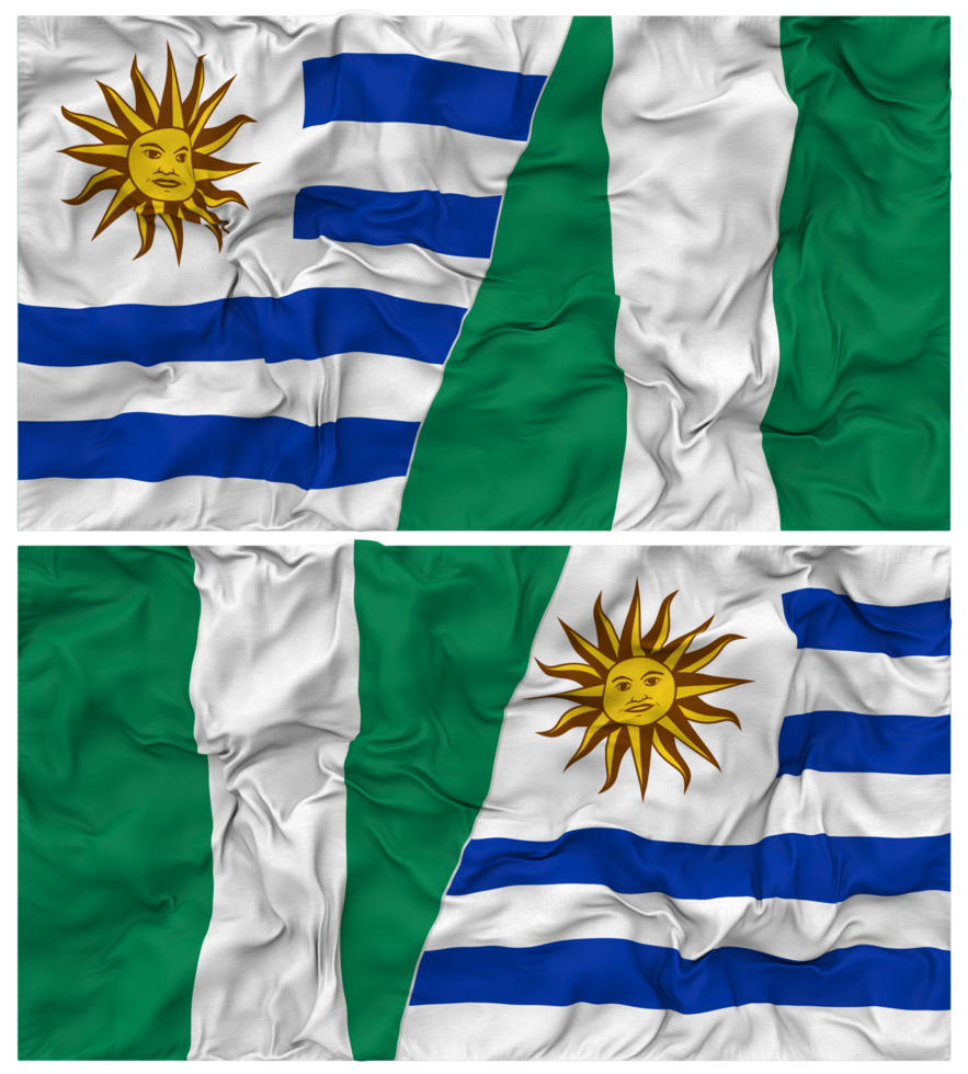 Nigeria and Uruguay Half Combined Flags Background with Cloth Bump Texture, Bilateral Relations, Peace and Conflict, 3D Rendering png