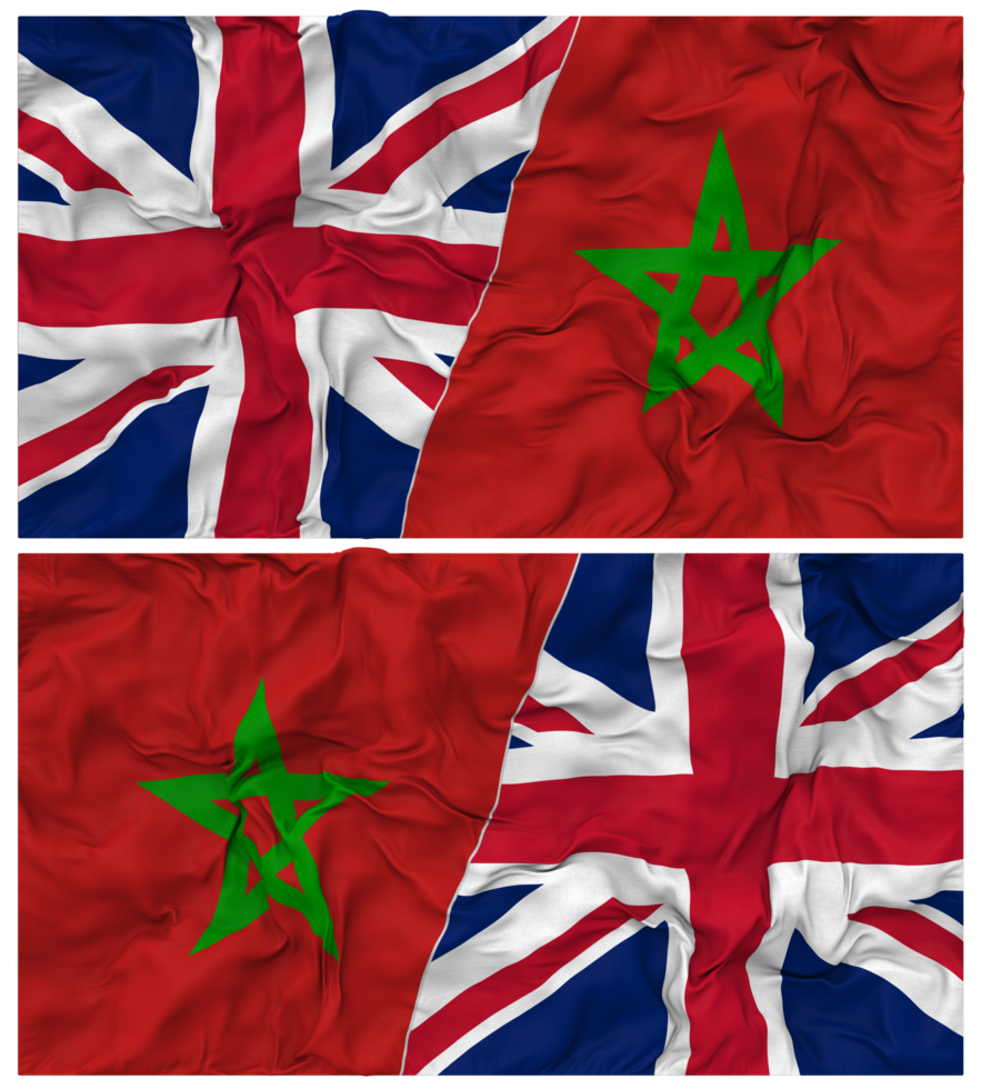 Morocco and United Kingdom Half Combined Flags Background with Cloth Bump Texture, Bilateral Relations, Peace and Conflict, 3D Rendering png