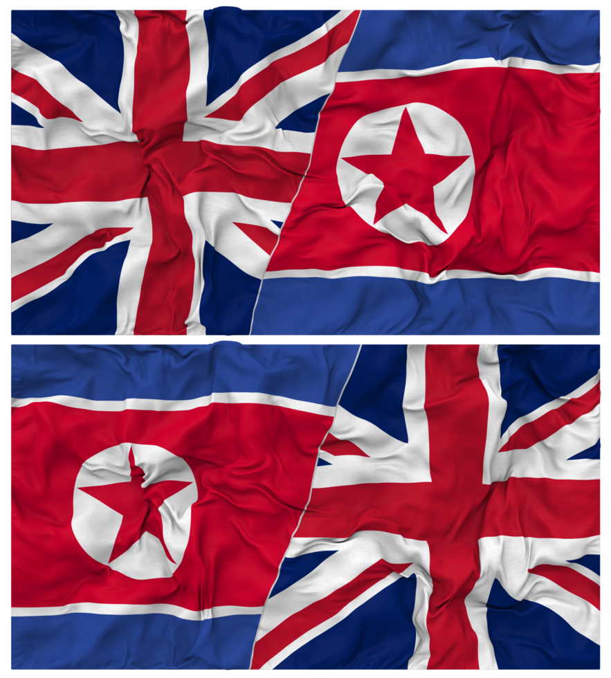 North Korea and United Kingdom Half Combined Flags Background with Cloth Bump Texture, Bilateral Relations, Peace and Conflict, 3D Rendering png