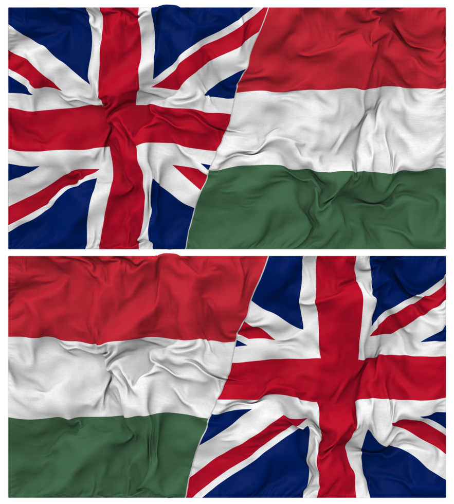 Hungary and United Kingdom Half Combined Flags Background with Cloth Bump Texture, Bilateral Relations, Peace and Conflict, 3D Rendering png