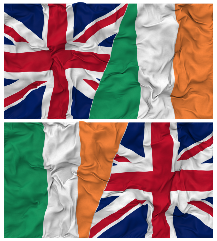 Ireland and United Kingdom Half Combined Flags Background with Cloth Bump Texture, Bilateral Relations, Peace and Conflict, 3D Rendering png