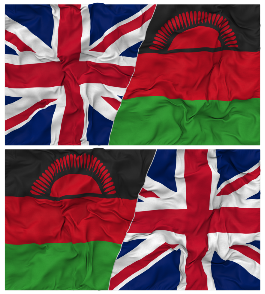 Malawi and United Kingdom Half Combined Flags Background with Cloth Bump Texture, Bilateral Relations, Peace and Conflict, 3D Rendering png