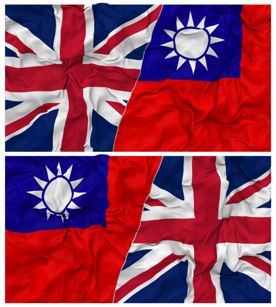 Taiwan and United Kingdom Half Combined Flags Background with Cloth Bump Texture, Bilateral Relations, Peace and Conflict, 3D Rendering png