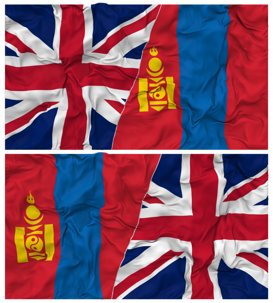 Mongolia and United Kingdom Half Combined Flags Background with Cloth Bump Texture, Bilateral Relations, Peace and Conflict, 3D Rendering png