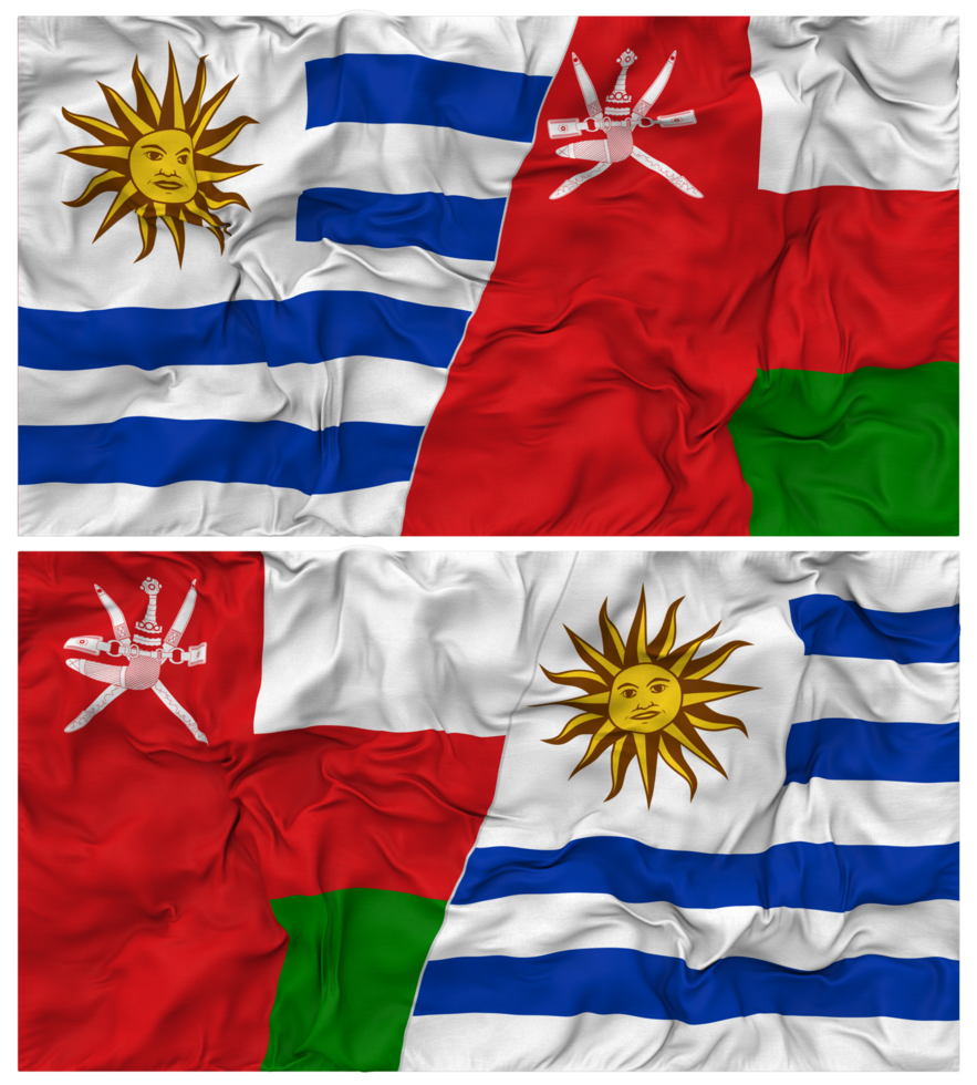 Oman and Uruguay Half Combined Flags Background with Cloth Bump Texture, Bilateral Relations, Peace and Conflict, 3D Rendering png