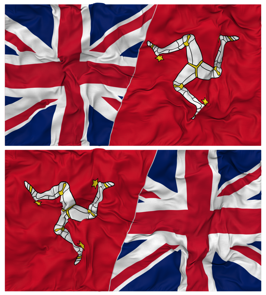 Isle of Man and United Kingdom Half Combined Flags Background with Cloth Bump Texture, Bilateral Relations, Peace and Conflict, 3D Rendering png