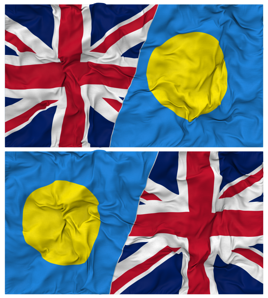 Palau and United Kingdom Half Combined Flags Background with Cloth Bump Texture, Bilateral Relations, Peace and Conflict, 3D Rendering png