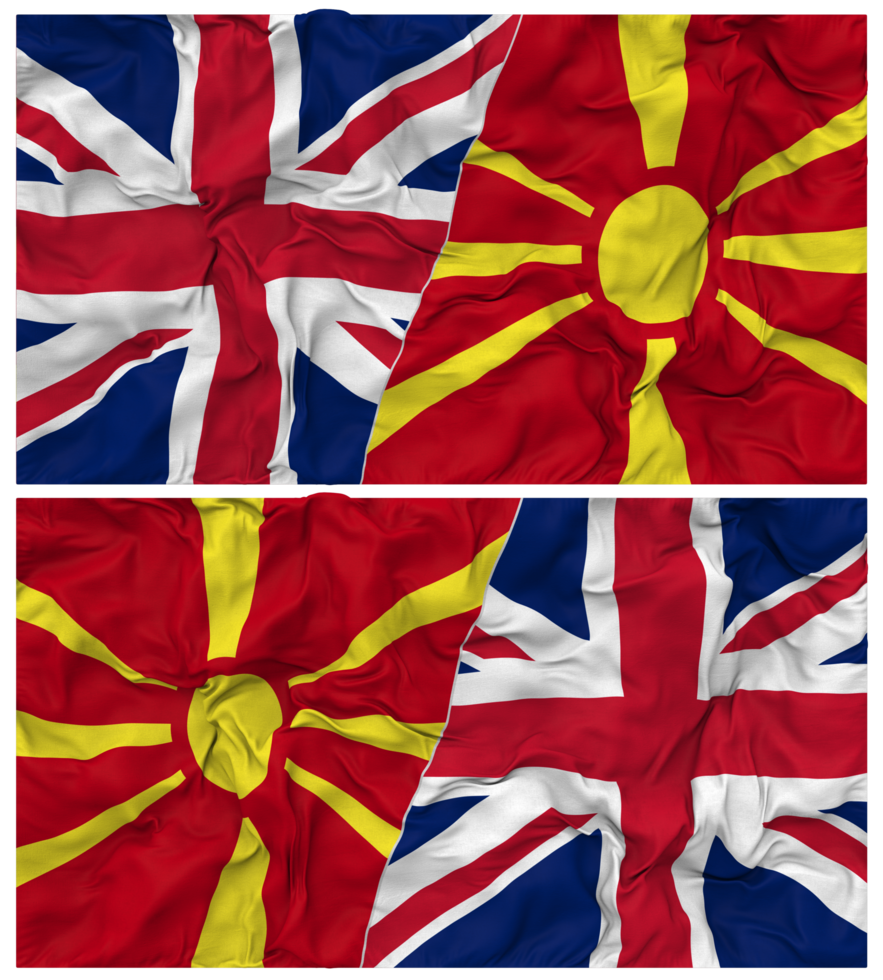 North Macedonia and United Kingdom Half Combined Flags Background with Cloth Bump Texture, Bilateral Relations, Peace and Conflict, 3D Rendering png