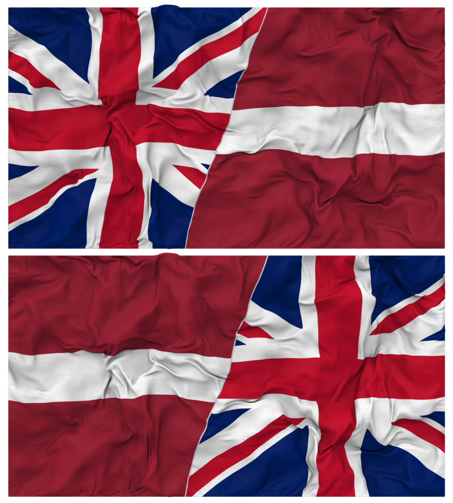 Latvia and United Kingdom Half Combined Flags Background with Cloth Bump Texture, Bilateral Relations, Peace and Conflict, 3D Rendering png
