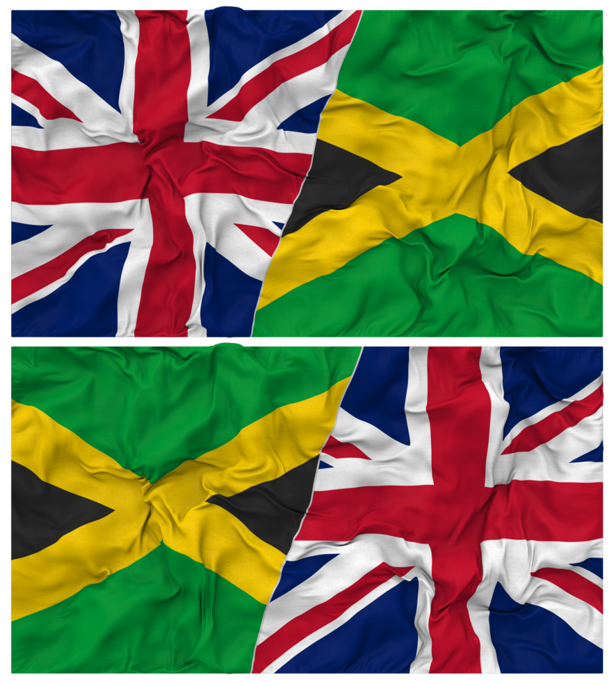 Jamaica and United Kingdom Half Combined Flags Background with Cloth Bump Texture, Bilateral Relations, Peace and Conflict, 3D Rendering png