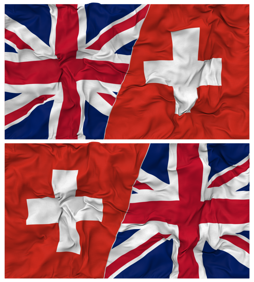 Switzerland and United Kingdom Half Combined Flags Background with Cloth Bump Texture, Bilateral Relations, Peace and Conflict, 3D Rendering png