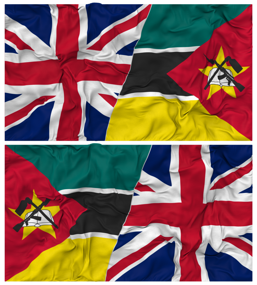 Mozambique and United Kingdom Half Combined Flags Background with Cloth Bump Texture, Bilateral Relations, Peace and Conflict, 3D Rendering png