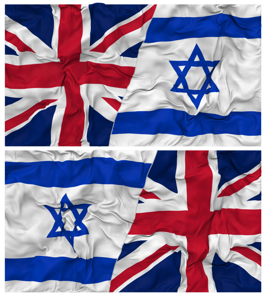 Israel and United Kingdom Half Combined Flags Background with Cloth Bump Texture, Bilateral Relations, Peace and Conflict, 3D Rendering png