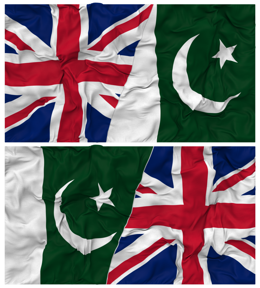 Pakistan and United Kingdom Half Combined Flags Background with Cloth Bump Texture, Bilateral Relations, Peace and Conflict, 3D Rendering png