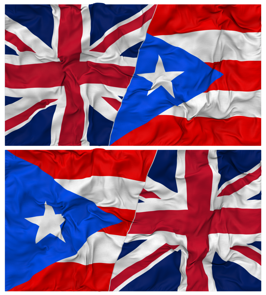 Puerto Rico and United Kingdom Half Combined Flags Background with Cloth Bump Texture, Bilateral Relations, Peace and Conflict, 3D Rendering png