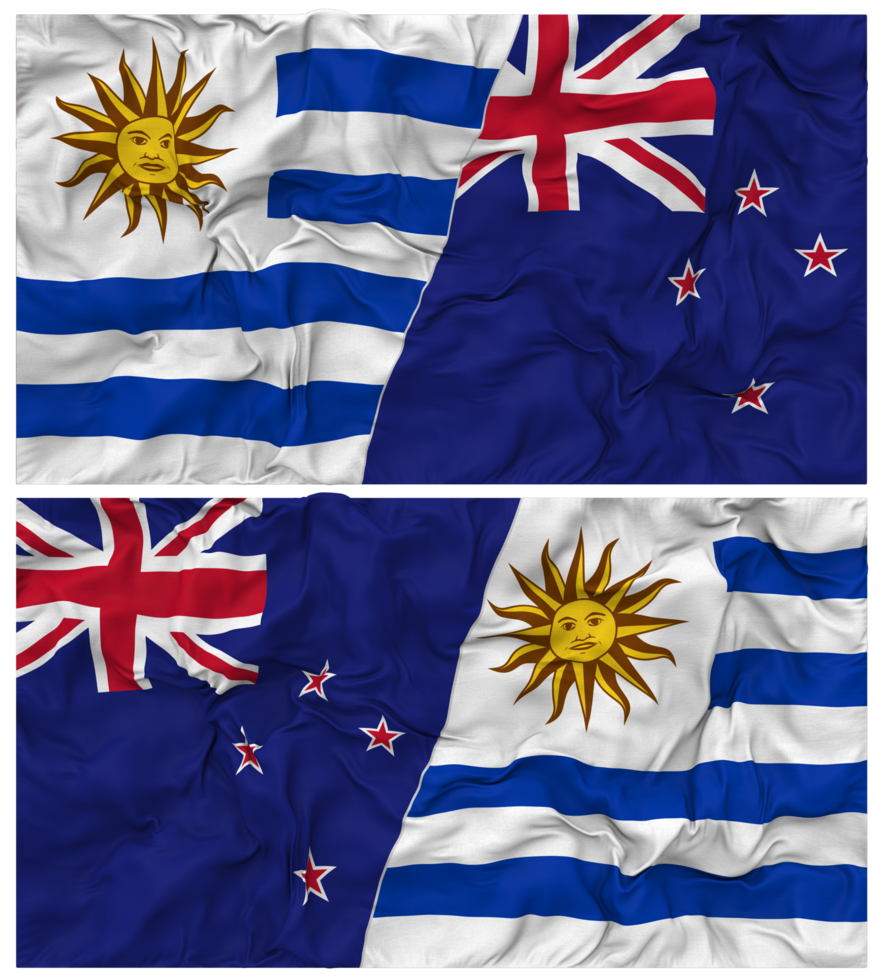 New Zealand and Uruguay Half Combined Flags Background with Cloth Bump Texture, Bilateral Relations, Peace and Conflict, 3D Rendering png