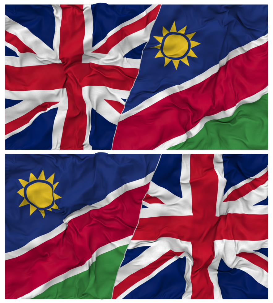Namibia and United Kingdom Half Combined Flags Background with Cloth Bump Texture, Bilateral Relations, Peace and Conflict, 3D Rendering png