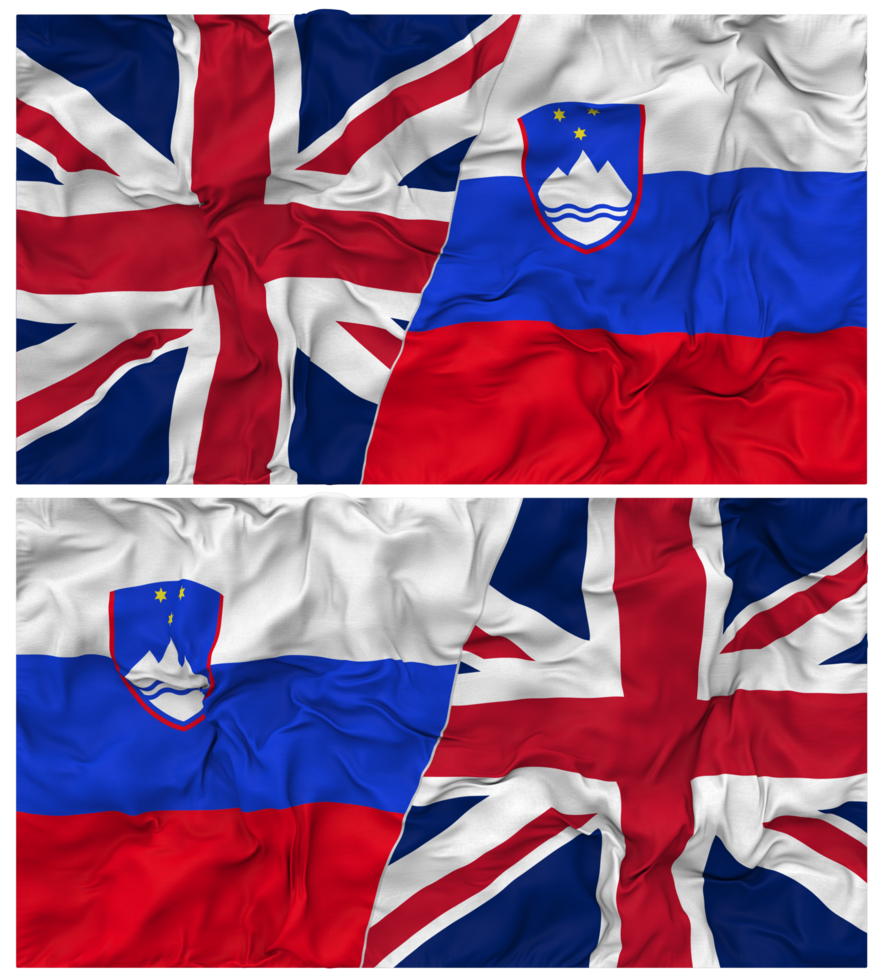 Slovenia and United Kingdom Half Combined Flags Background with Cloth Bump Texture, Bilateral Relations, Peace and Conflict, 3D Rendering png