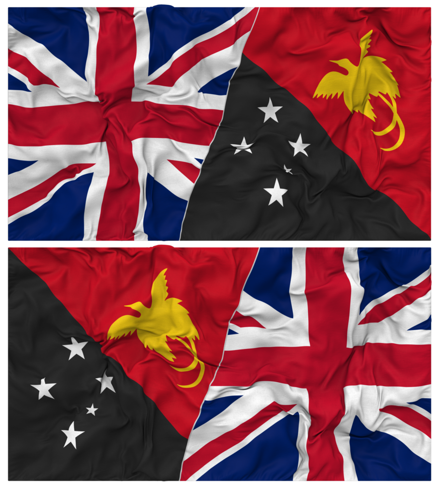 Papua New Guinea and United Kingdom Half Combined Flags Background with Cloth Bump Texture, Bilateral Relations, Peace and Conflict, 3D Rendering png