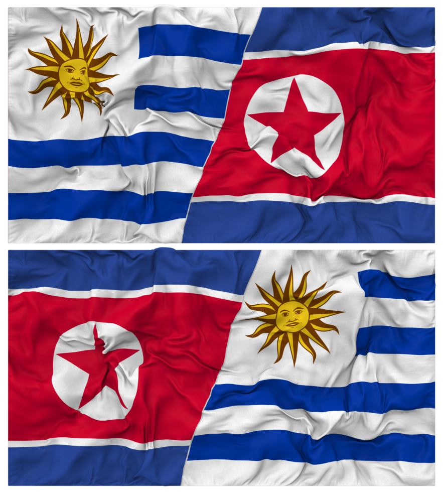 North Korea and Uruguay Half Combined Flags Background with Cloth Bump Texture, Bilateral Relations, Peace and Conflict, 3D Rendering png