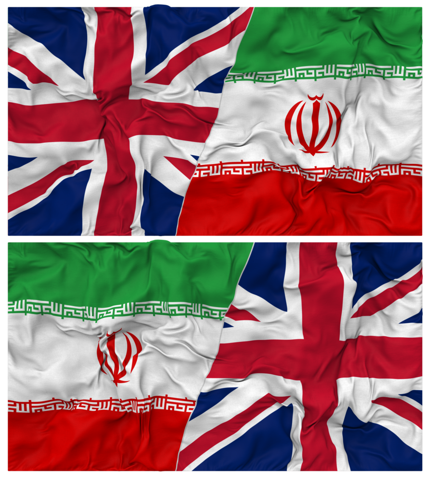 Iran and United Kingdom Half Combined Flags Background with Cloth Bump Texture, Bilateral Relations, Peace and Conflict, 3D Rendering png