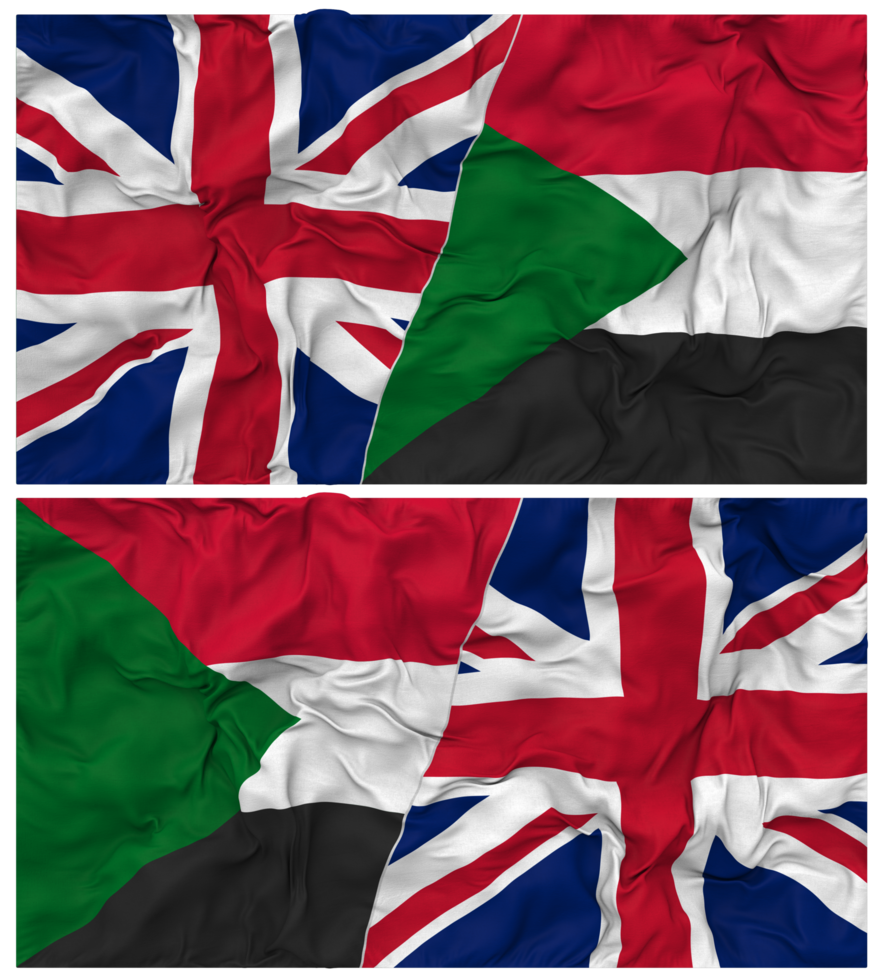 Sudan and United Kingdom Half Combined Flags Background with Cloth Bump Texture, Bilateral Relations, Peace and Conflict, 3D Rendering png