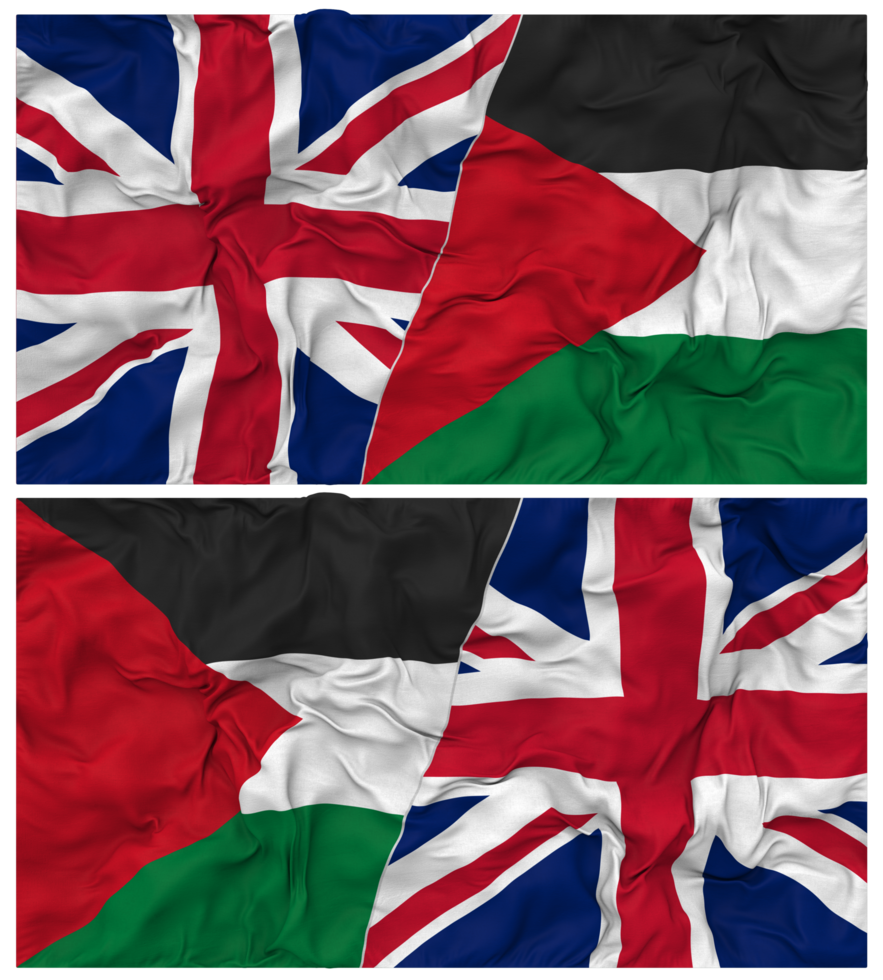 Palestine and United Kingdom Half Combined Flags Background with Cloth Bump Texture, Bilateral Relations, Peace and Conflict, 3D Rendering png