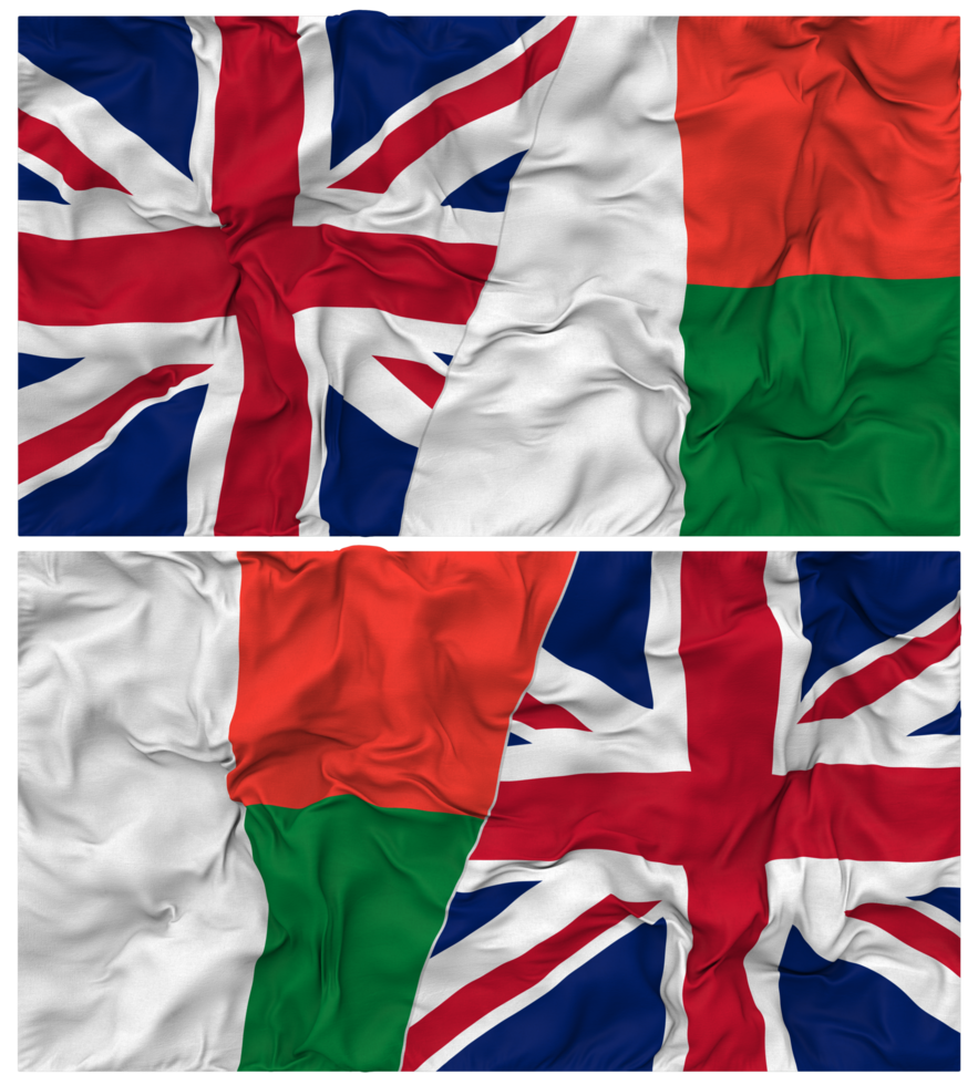 Madagascar and United Kingdom Half Combined Flags Background with Cloth Bump Texture, Bilateral Relations, Peace and Conflict, 3D Rendering png