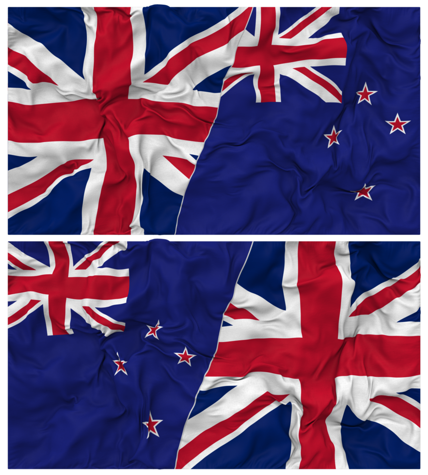 New Zealand and United Kingdom Half Combined Flags Background with Cloth Bump Texture, Bilateral Relations, Peace and Conflict, 3D Rendering png