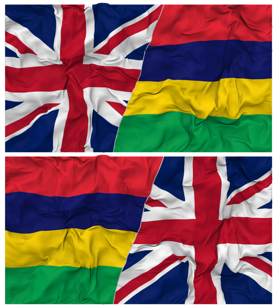 Mauritius and United Kingdom Half Combined Flags Background with Cloth Bump Texture, Bilateral Relations, Peace and Conflict, 3D Rendering png