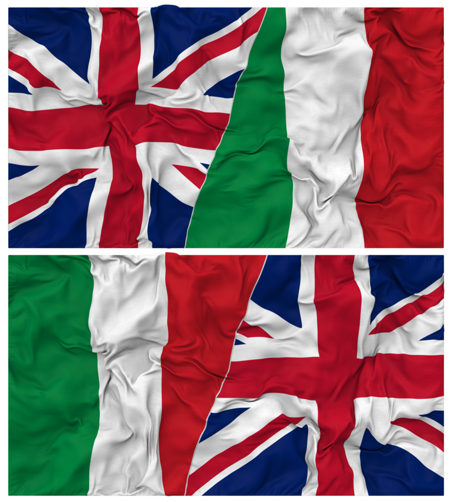 Italy and United Kingdom Half Combined Flags Background with Cloth Bump Texture, Bilateral Relations, Peace and Conflict, 3D Rendering png
