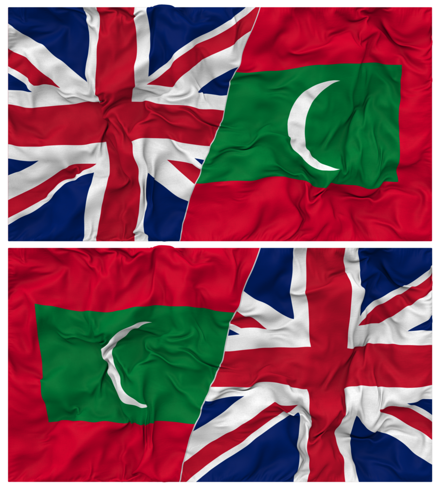 Maldives and United Kingdom Half Combined Flags Background with Cloth Bump Texture, Bilateral Relations, Peace and Conflict, 3D Rendering png