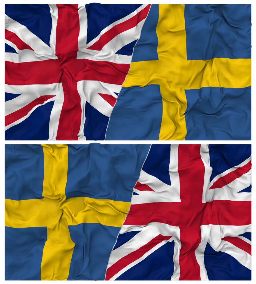 Sweden and United Kingdom Half Combined Flags Background with Cloth Bump Texture, Bilateral Relations, Peace and Conflict, 3D Rendering png