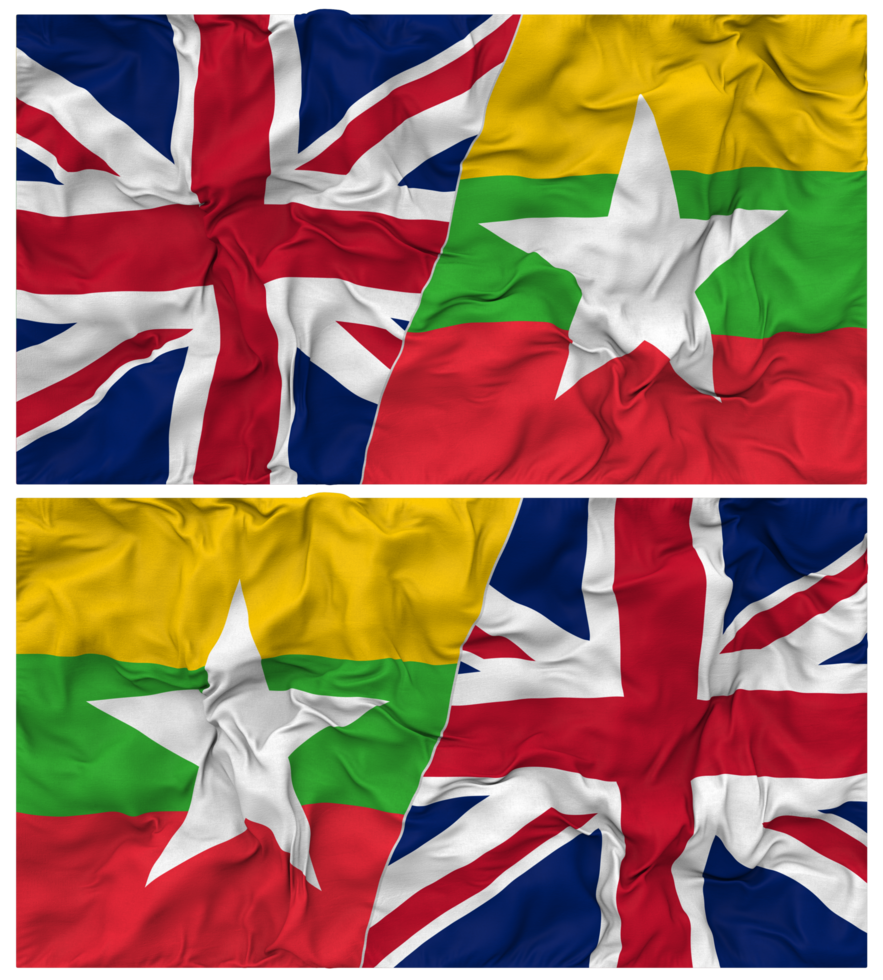 Myanmar, Burma and United Kingdom Half Combined Flags Background with Cloth Bump Texture, Bilateral Relations, Peace and Conflict, 3D Rendering png