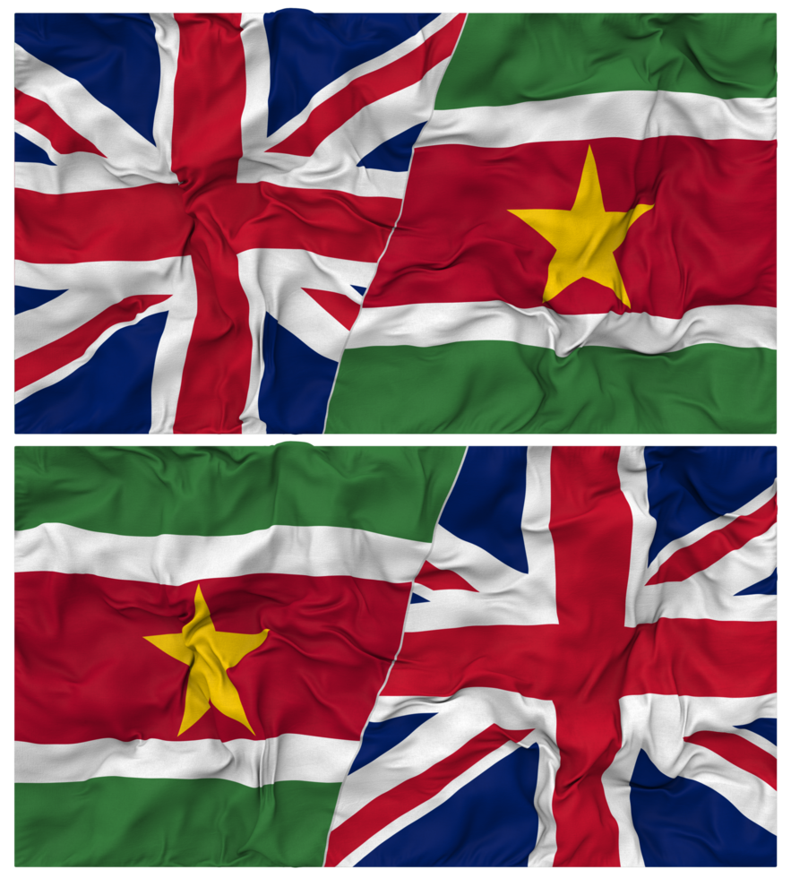 Suriname and United Kingdom Half Combined Flags Background with Cloth Bump Texture, Bilateral Relations, Peace and Conflict, 3D Rendering png