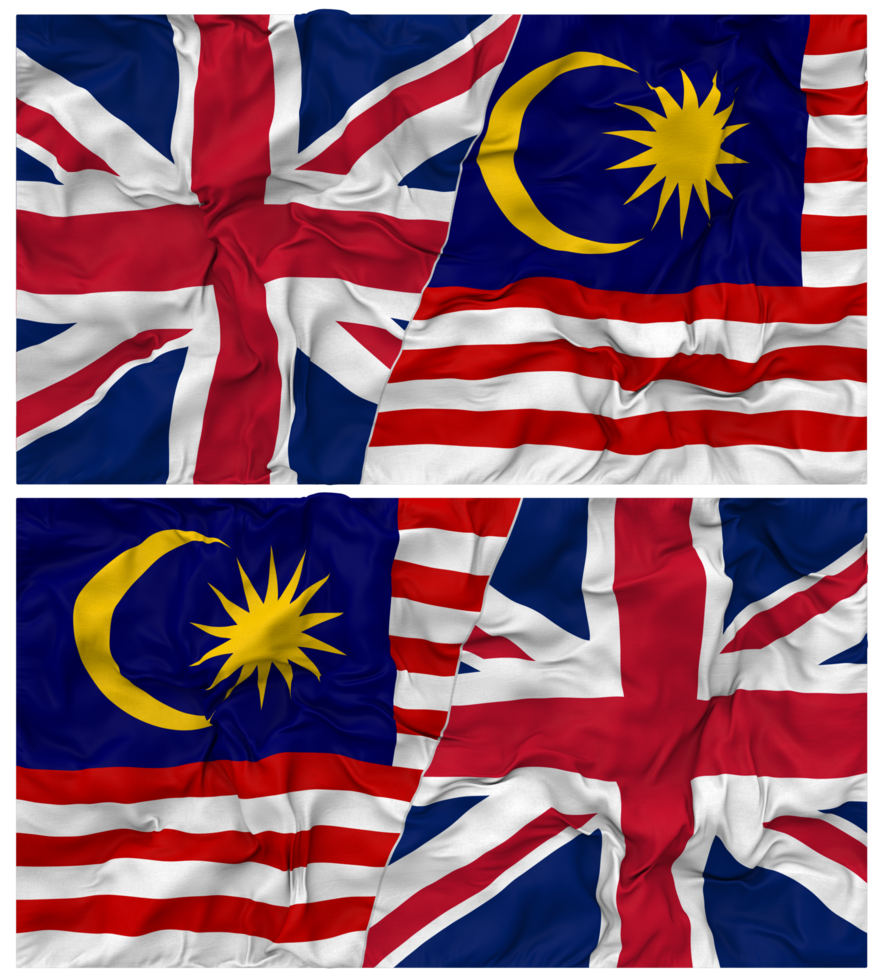Malaysia and United Kingdom Half Combined Flags Background with Cloth Bump Texture, Bilateral Relations, Peace and Conflict, 3D Rendering png