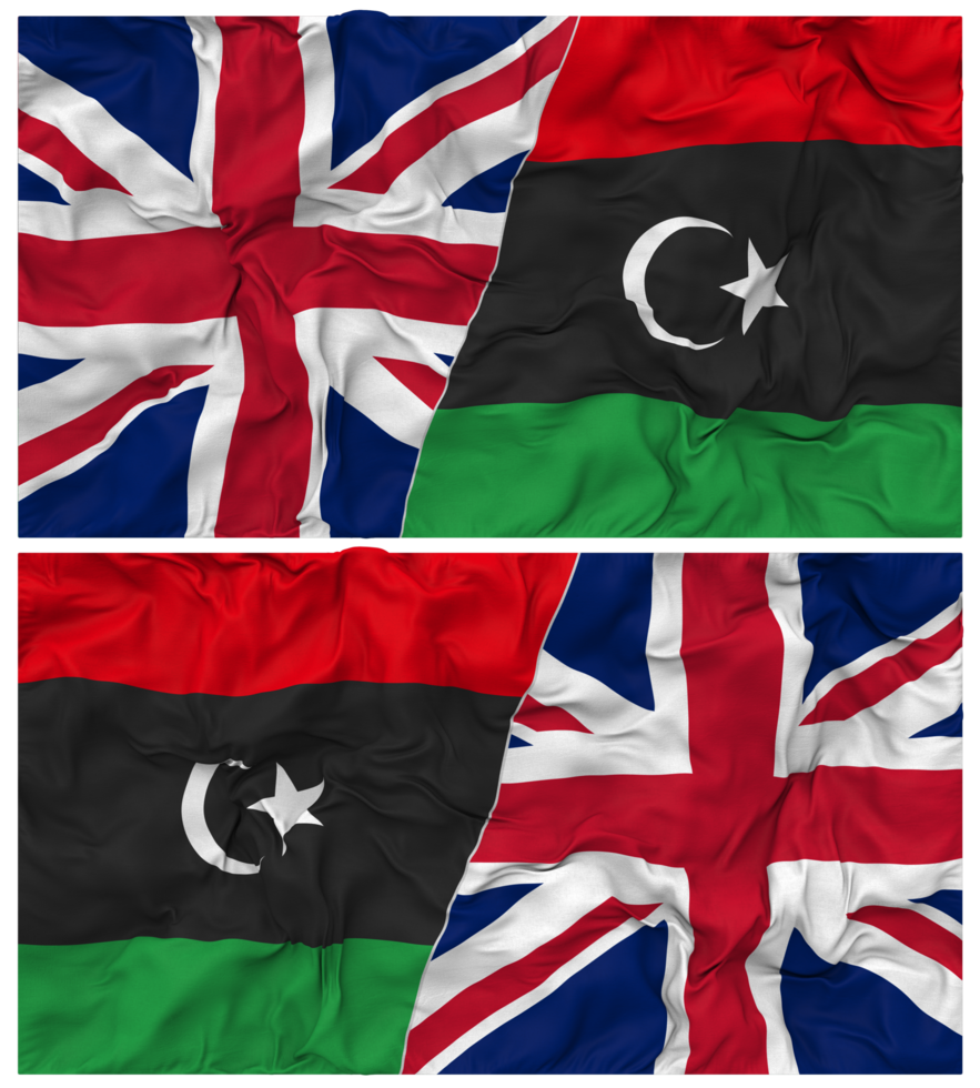 Libya and United Kingdom Half Combined Flags Background with Cloth Bump Texture, Bilateral Relations, Peace and Conflict, 3D Rendering png