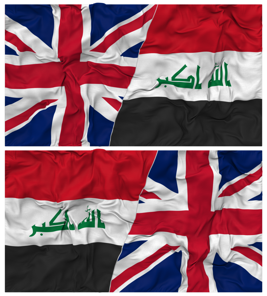 Iraq and United Kingdom Half Combined Flags Background with Cloth Bump Texture, Bilateral Relations, Peace and Conflict, 3D Rendering png